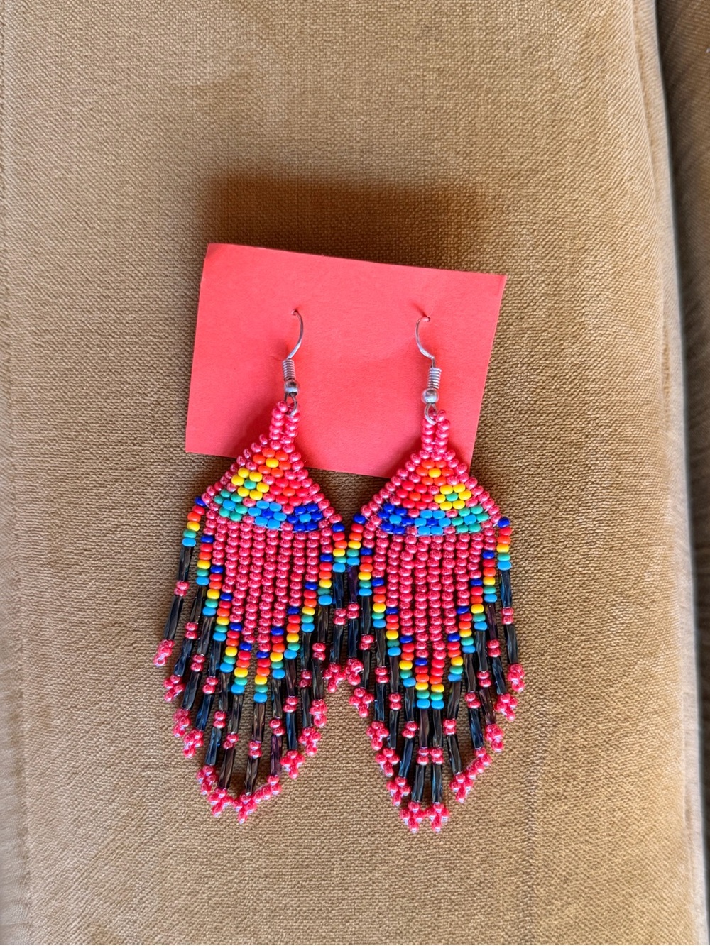 HANDMADE MEXICAN Bright Pink Multicolor Beaded Fringe Earrings